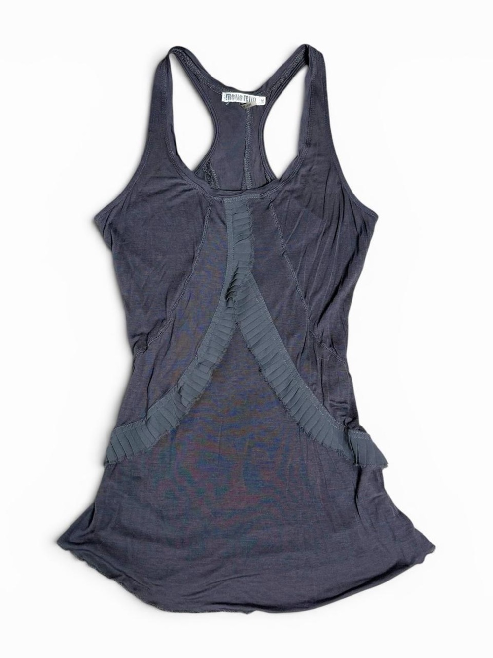 Avant Garde Style Mono Reno Grey Ruffle Front Racerback Tank Top